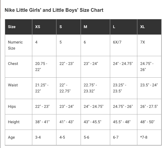 nike boys sizes
